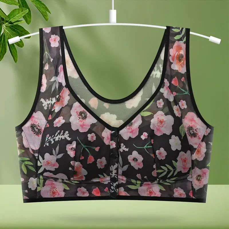 前开扣内衣固定杯大码蕾丝印花聚拢无钢圈透气超薄中老年文胸女