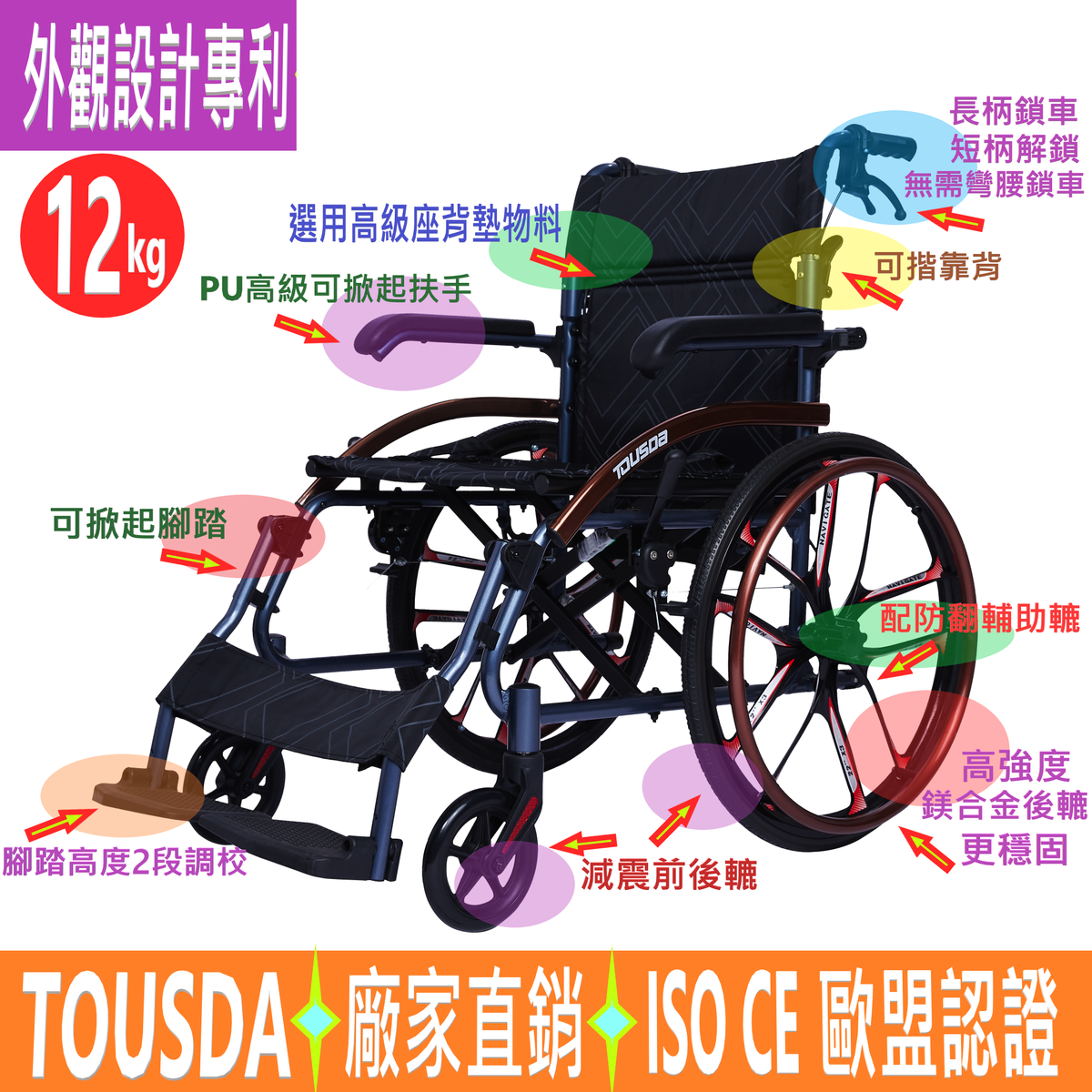 (香港門市保養)歐盟 / ISO認證-鎂合金-輕便可摺疊20 吋後輪手推輪椅