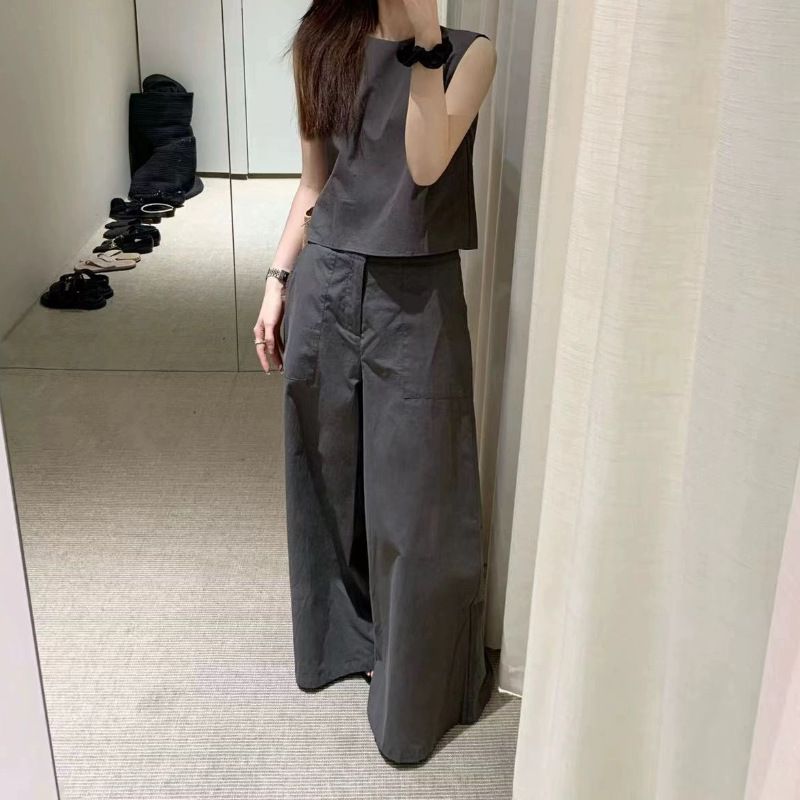 無袖背心高腰闊腿褲套裝 顯瘦韓風夏季女裝- 卡其色上衣 S
