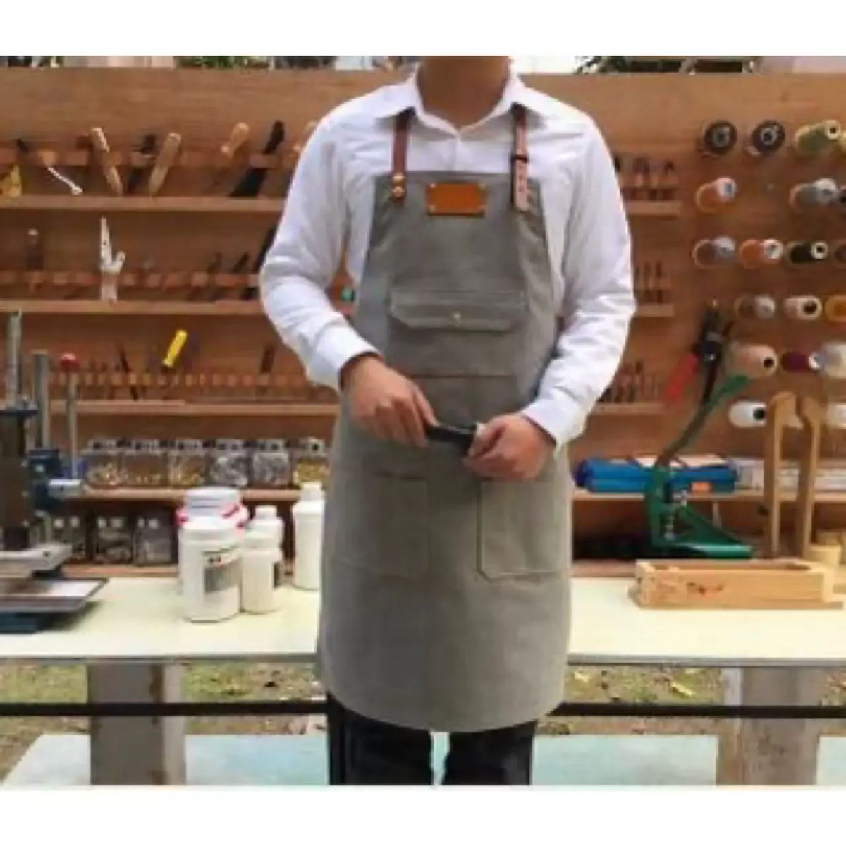 圍裙 做淺灰色牛仔帆布制服咖啡店西餐廳繪畫
