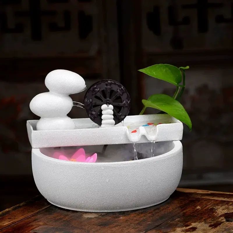 陶瓷风水轮流水摆件办公室店铺招财桌面小型水车循环水鱼缸装饰品