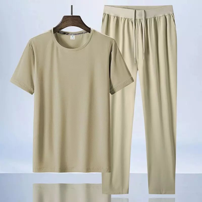 中年冰丝休闲套装男夏季爸爸装速干运动服短袖T恤搭配长裤两件套