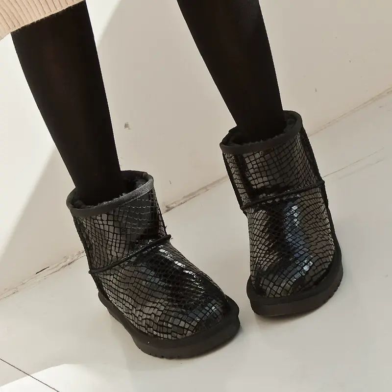 ebv防水牛皮雪地靴女冬季短靴短筒女鞋短靴防滑保暖學生百搭