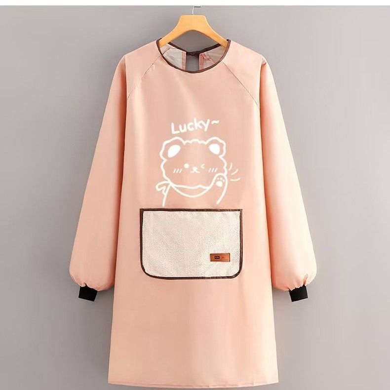 做饭餐饮罩衣加厚工作围裙防水围裙长袖围裙厨房家用卡通防油围腰-LUCKY擦手罩衣-粉色 均码