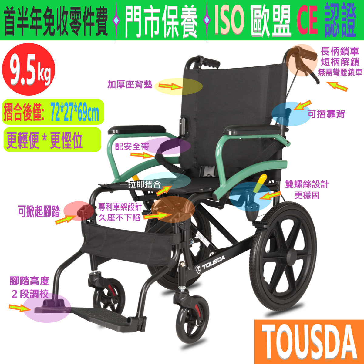 Lightweight Wheelchair - Green - * Half Year Warranty *