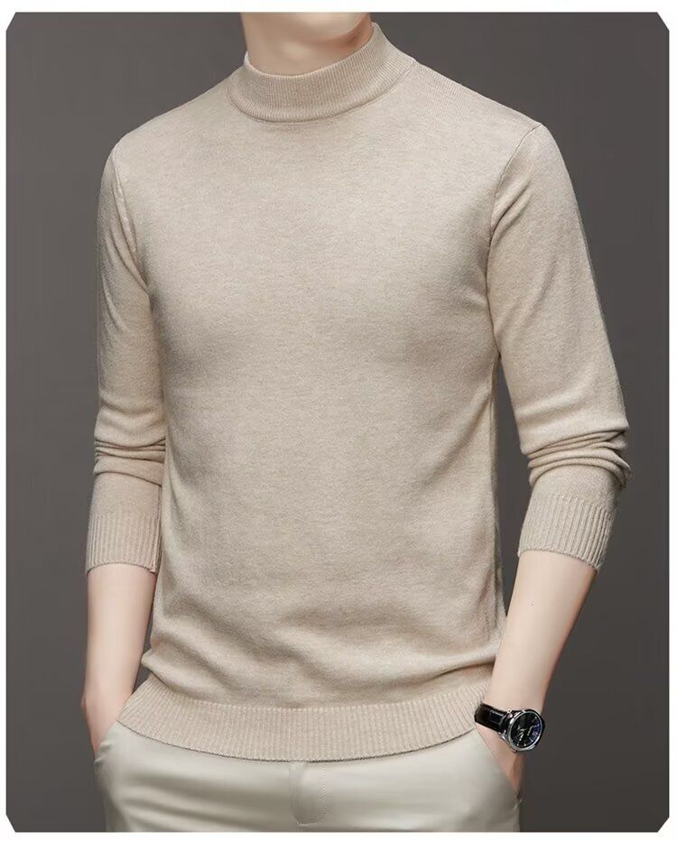 秋冬新款圆领加厚半高领毛衣男中青年休闲男装纯色百搭打底衫-卡其色 4XL