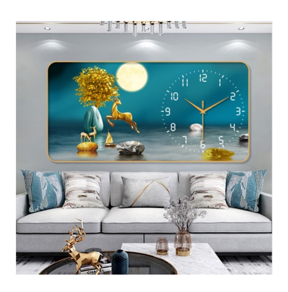 裝飾畫簡約PVC金框靜音掛鐘（家有祥鹿-金針）【50*100cm】