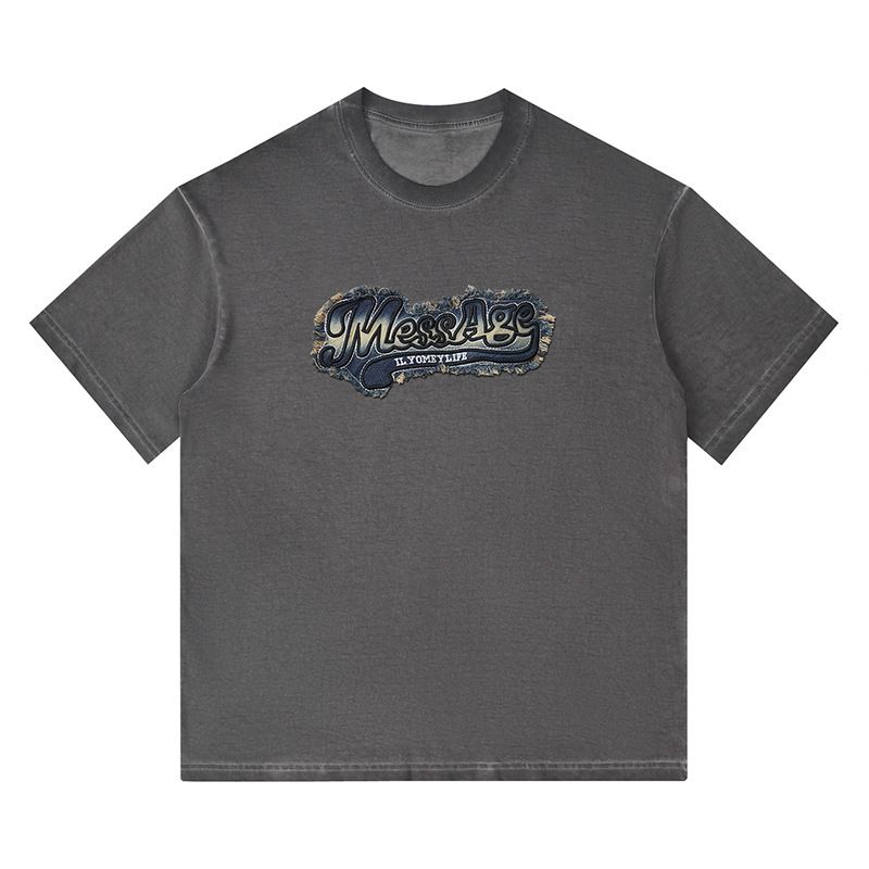 男装 美式做旧水洗贴布刺绣短袖T恤男潮牌重磅纯棉圆领半袖衫