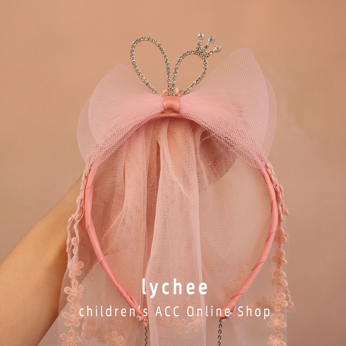 Diamond Crown Lace Mesh Children's Headband Pink Yarn Big Bow Hanging Headband Girl's Headband Princ