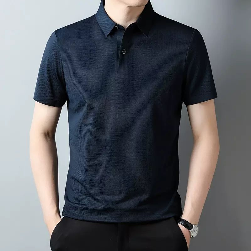 中年冰丝短袖T恤男夏季薄款商务休闲翻领上衣男士条纹提花polo衫