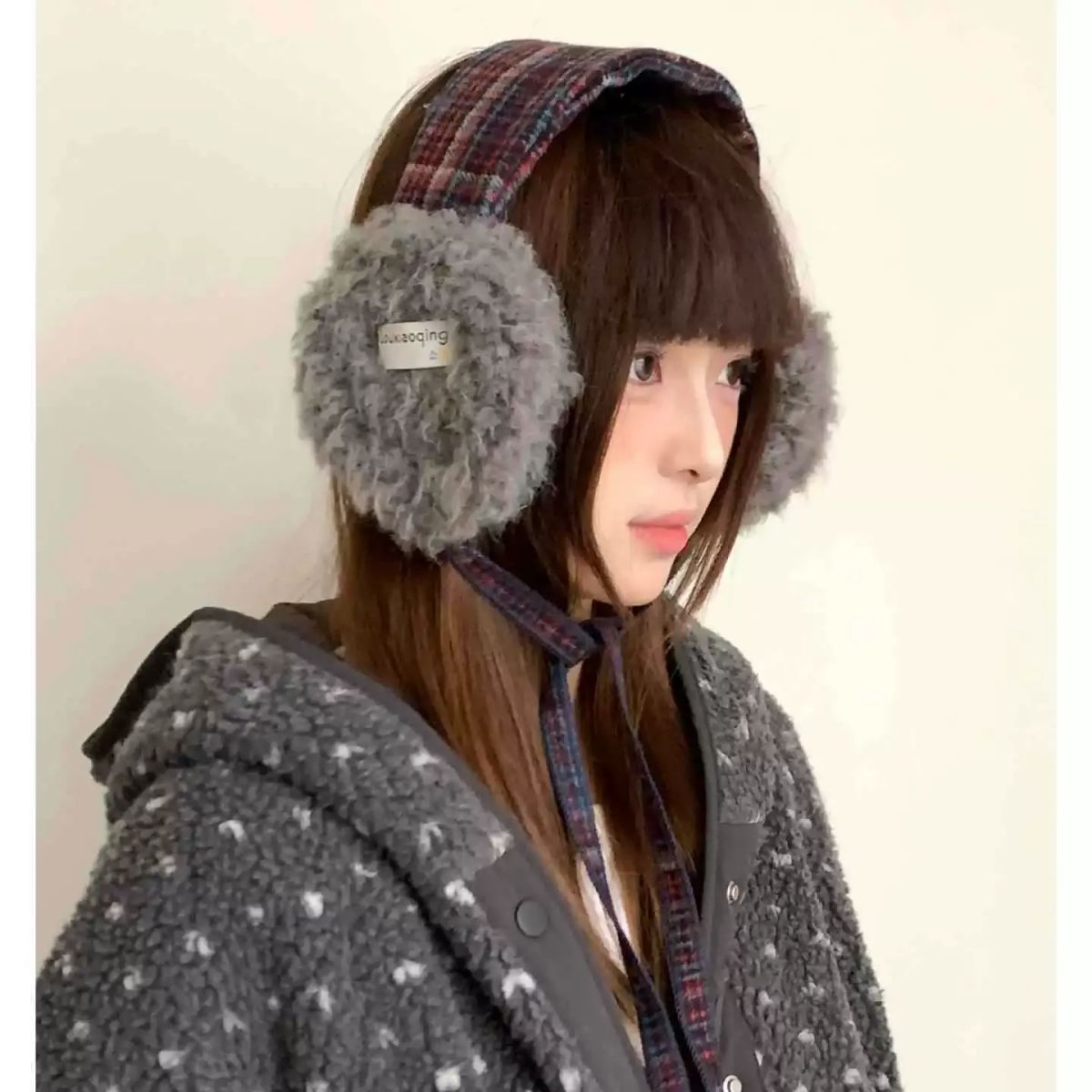 復古格紋羊羔絨耳罩女冬季新款外出防寒加厚保暖耳套騎行系帶耳暖