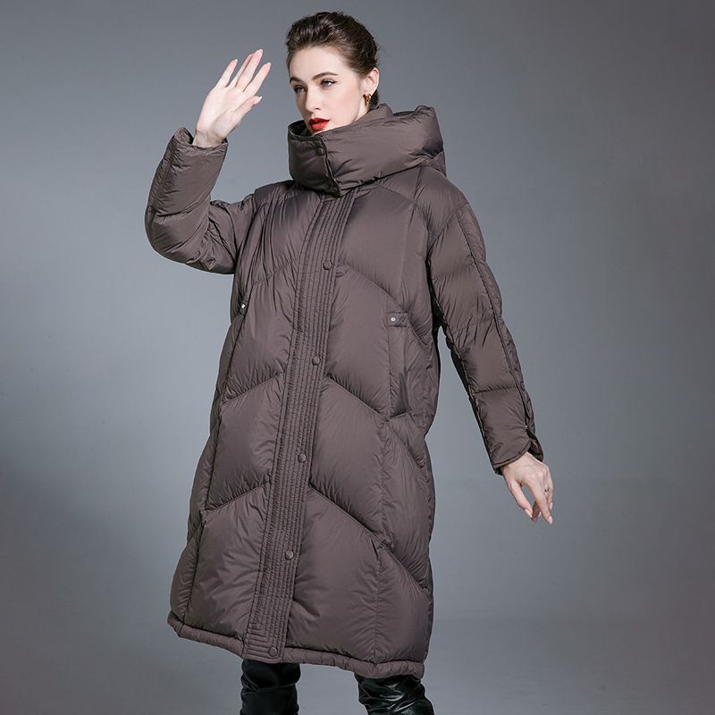 2025冬季连帽羽绒服女中长款宽松显瘦加厚保暖90白鸭绒外套