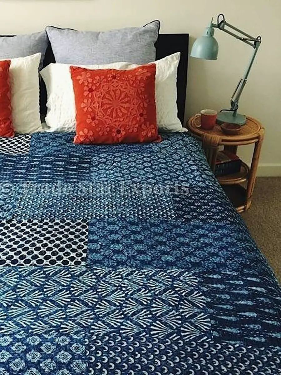 印度手工蓝色床单床垫纯棉传统老粗布双层双人蓝染床盖2024新款