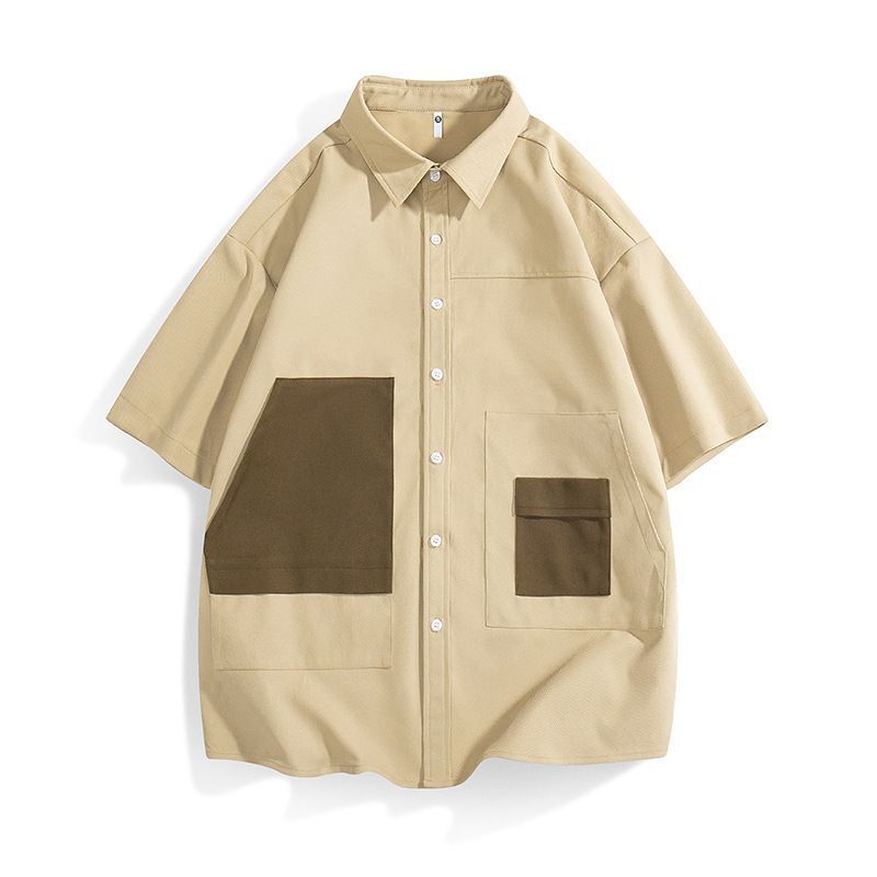 日系短袖襯衫男生夏季撞色口袋百搭情侶潮牌寬鬆翻領休閒襯衣