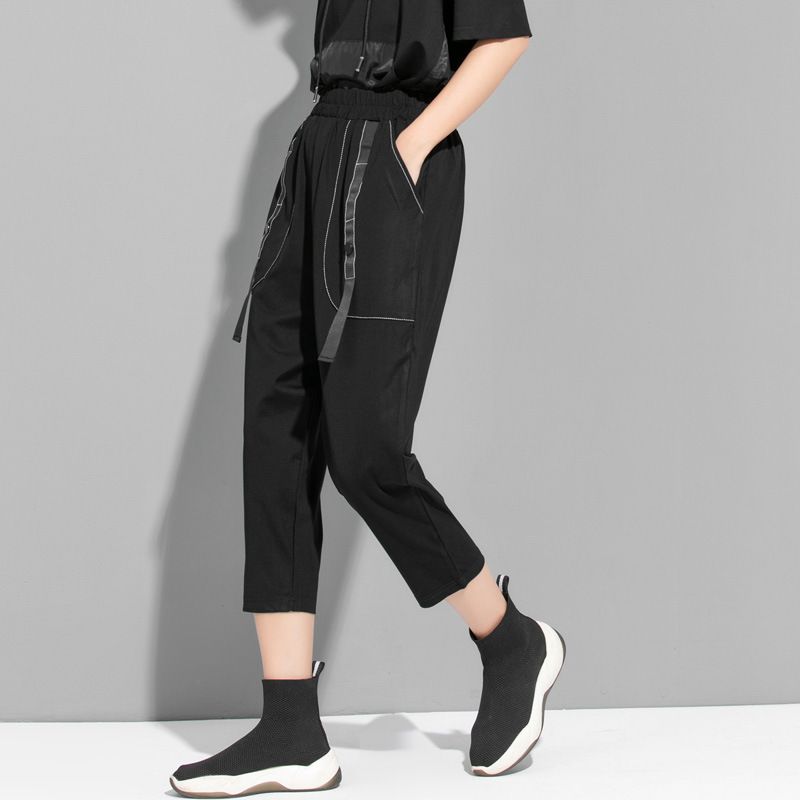 夏季薄款不规则七分裤休闲哈伦裤宽松百搭女裤子松紧腰大码裤潮