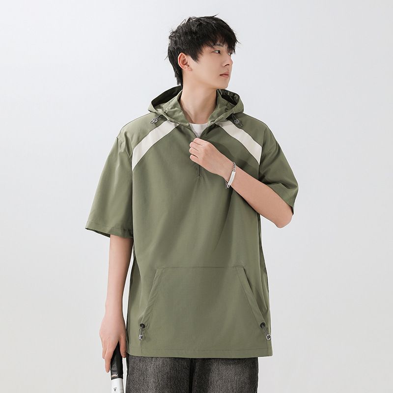 夏季男装新款工装短袖户外t恤连帽衫宽松短袖休闲百搭T恤速干男生