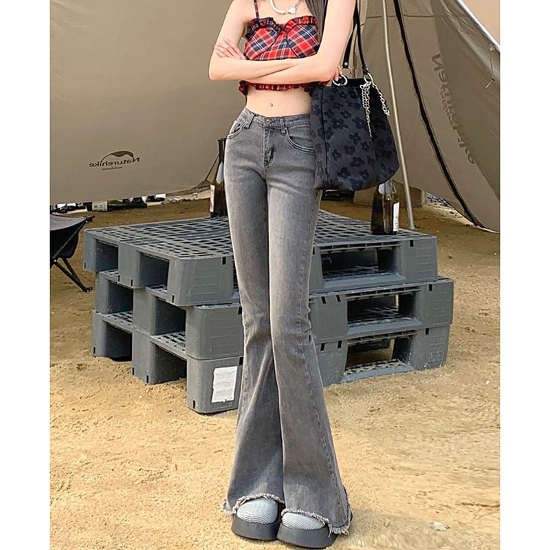 辣妹包臀显瘦低腰牛仔微喇叭裤女夏复古紧身毛边拖地长裤