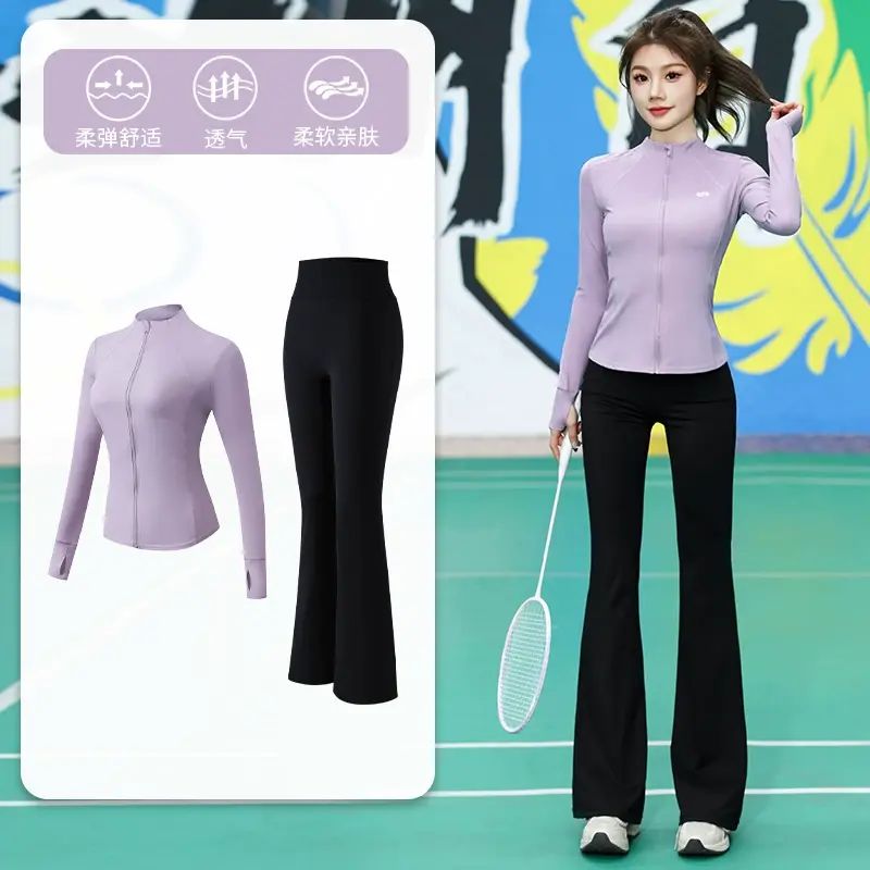 速干羽毛球服運動套裝女春季長袖高爾夫球服裝瑜伽服微喇叭褲網球服-粉紫兩件套（黑褲） M-款式10