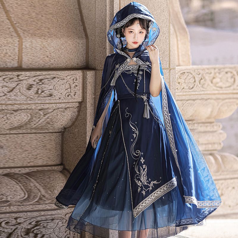 原創設計星河入夢改良漢元素漢服女吊帶連衣裙套裝6835