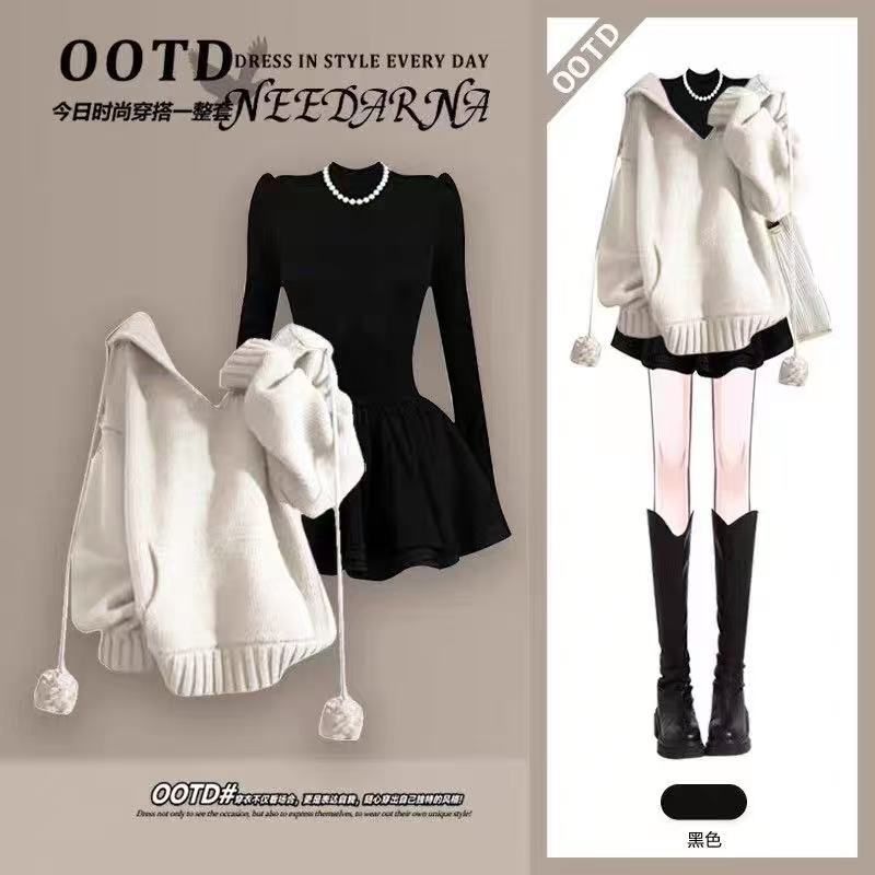 早秋流行韩系穿搭蓝色v领毛衣秋装女2025年新款小个子多巴胺上衣-杏色毛衣加黑色裙子 S