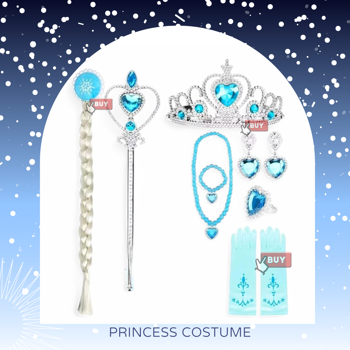 冰雪公主Elsa風 扮靚飾物 公主皇冠權杖頸鏈戒指耳環手鏈手套 elsa假髮 公主扮靚飾品10件套 #女童生日派對裝扮配件公主扮靚飾品 prin1009