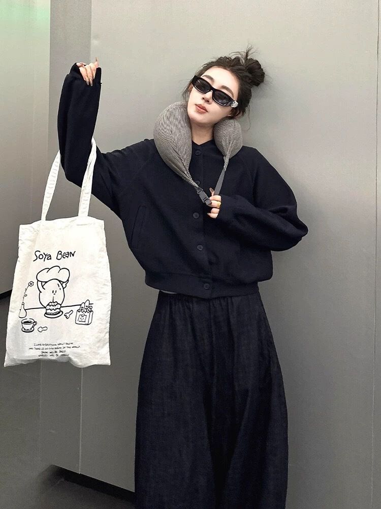 秋裝衛衣套裝女裝 運動休閒穿搭 闊腿褲 OOTD 減齡時尚- 藏青色外套 S