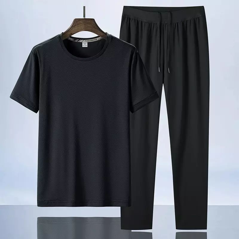 中年冰丝休闲套装男夏季爸爸装速干运动服短袖T恤搭配长裤两件套