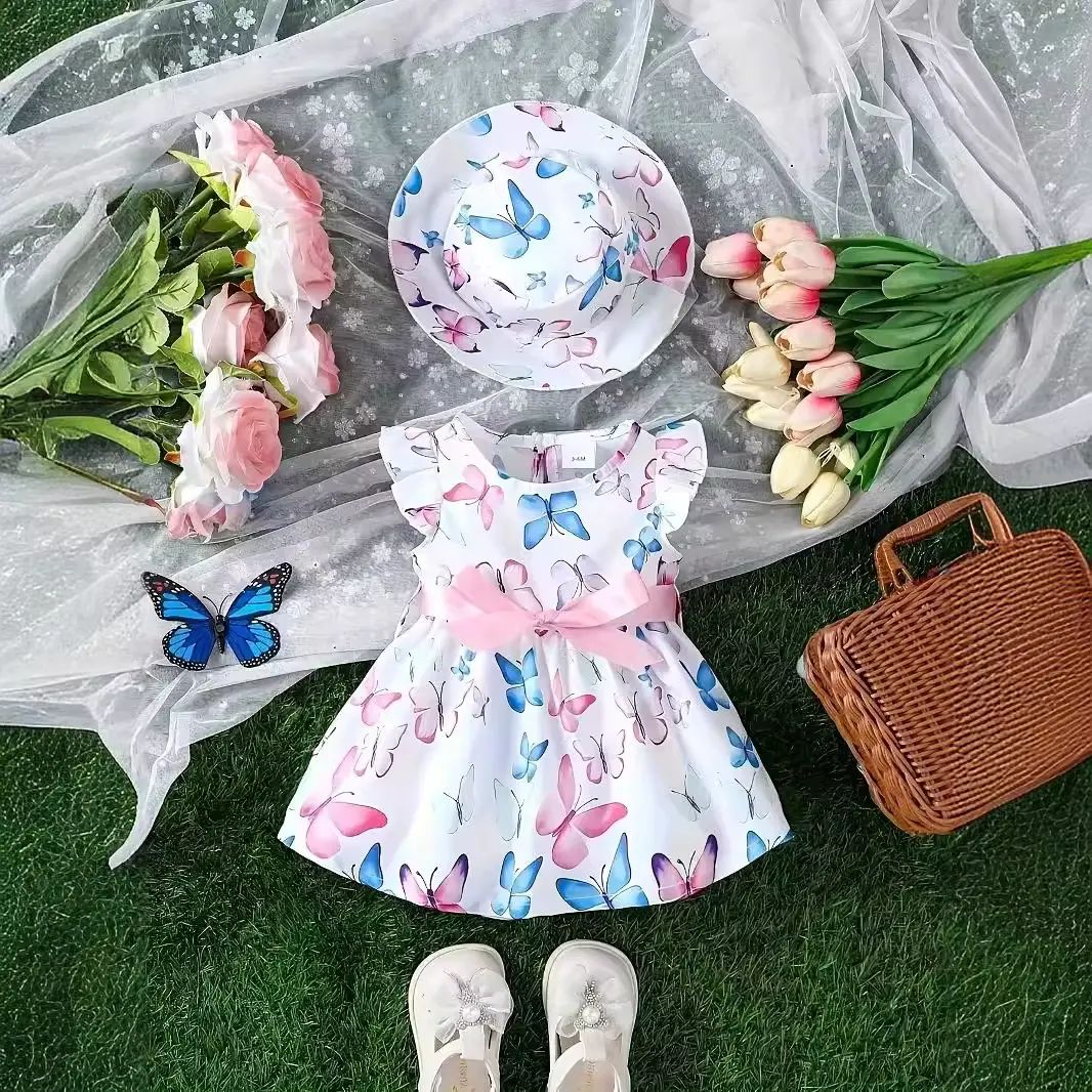 跨境INS嬰幼小童女寶寶夏季款多色蝴蝶印花蝴蝶結甜美連衣裙帽子