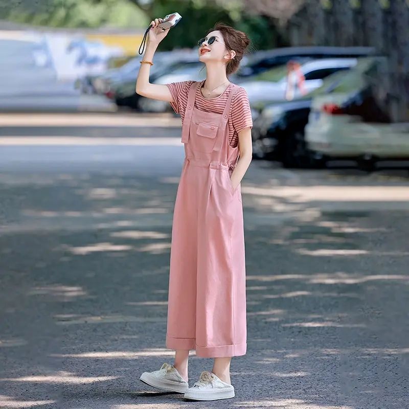 時尚休閒套裝褲女2026夏季新款洋氣條紋恤揹帶闊腿褲兩件套BX6007