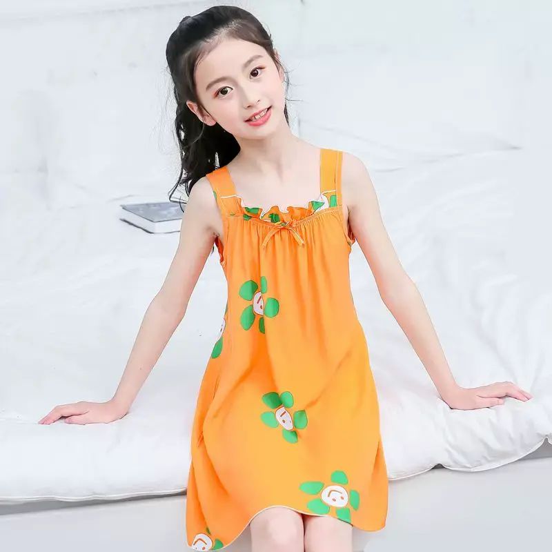 女童睡裙棉綢女孩睡衣無袖夏季中大童吊帶連身裙人造棉家居服薄款