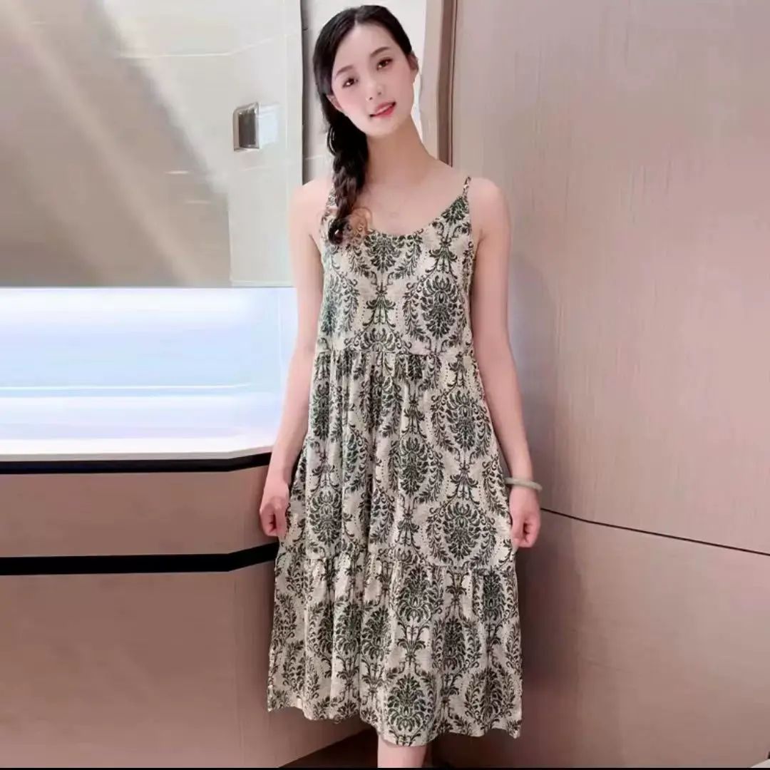 爆款網紅睡裙帶胸墊夏季女睡衣棉綢吊帶連身裙夏天中長款過膝大碼