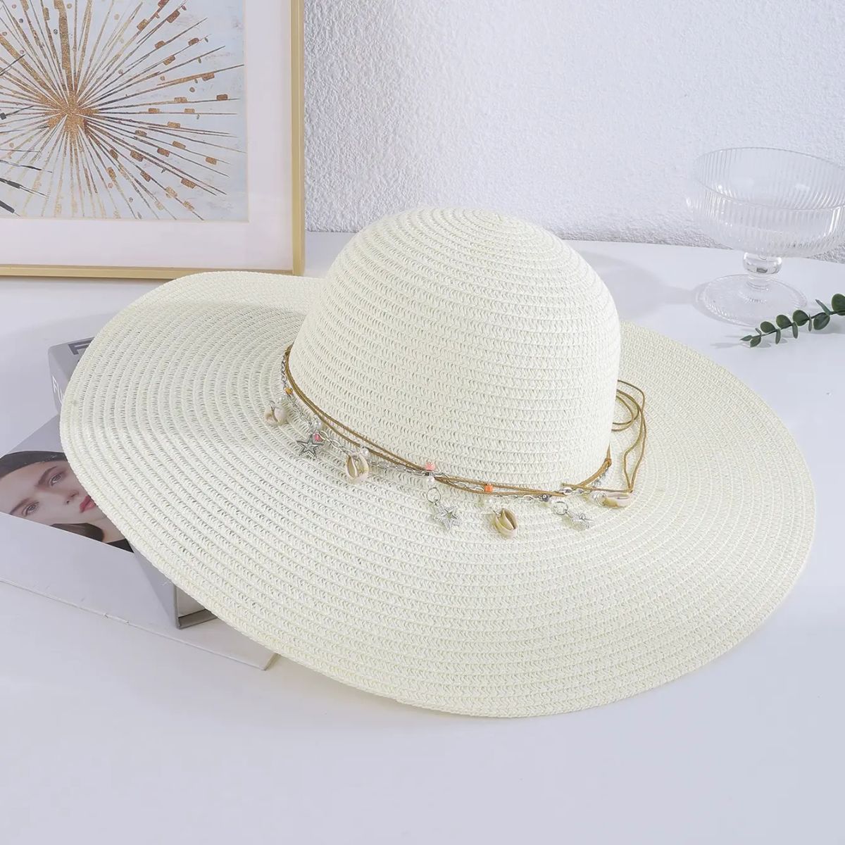 贝壳星星草帽遮阳帽子女新款沙滩渔夫帽法式赫本风大檐防晒太阳帽