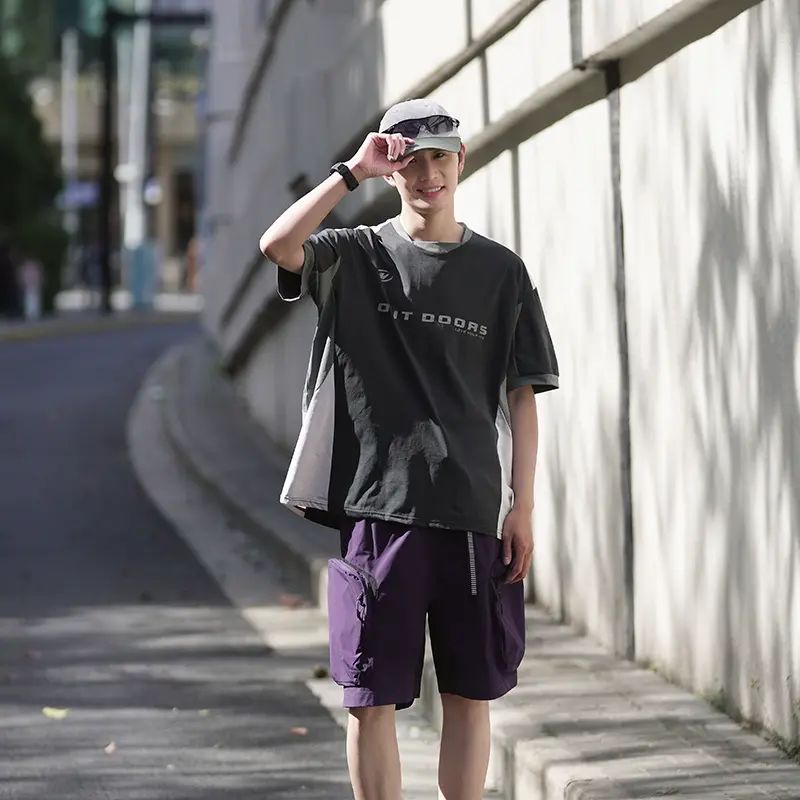 夏季男T恤日系通勤薄款抑菌凉感运动短袖宽松拼接透气半袖