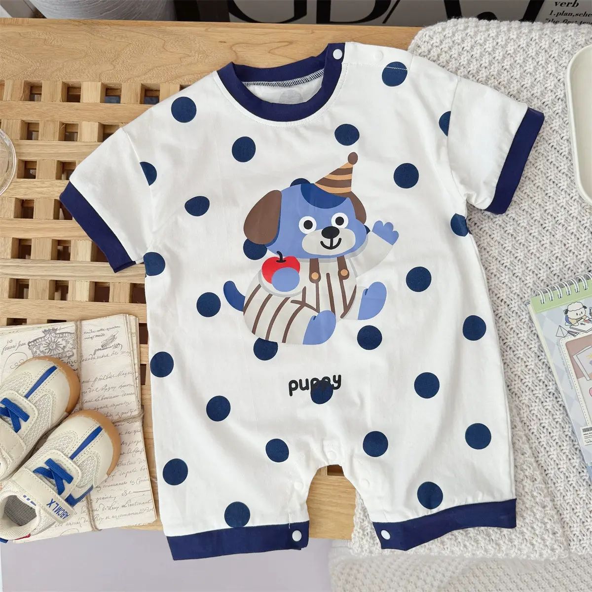 A類棉潮款嬰幼兒短袖連身衣藍色圓點可愛小狗男女寶哈衣爬服#1360
