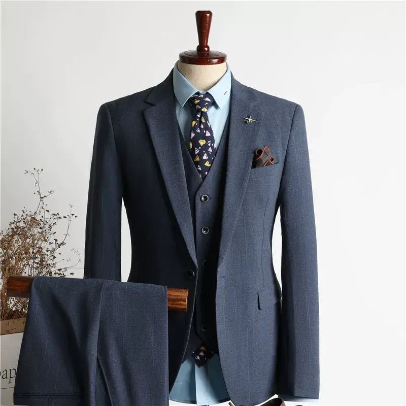 1西裝套裝男士三件套藍色條紋修身結婚禮服商務正裝西服男秋季新