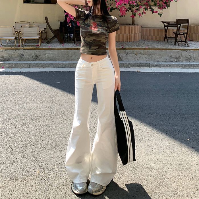 白色微喇牛仔裤女2025春夏季新款低腰显瘦弹力喇叭裤拖地马蹄裤-白色长裤 XL