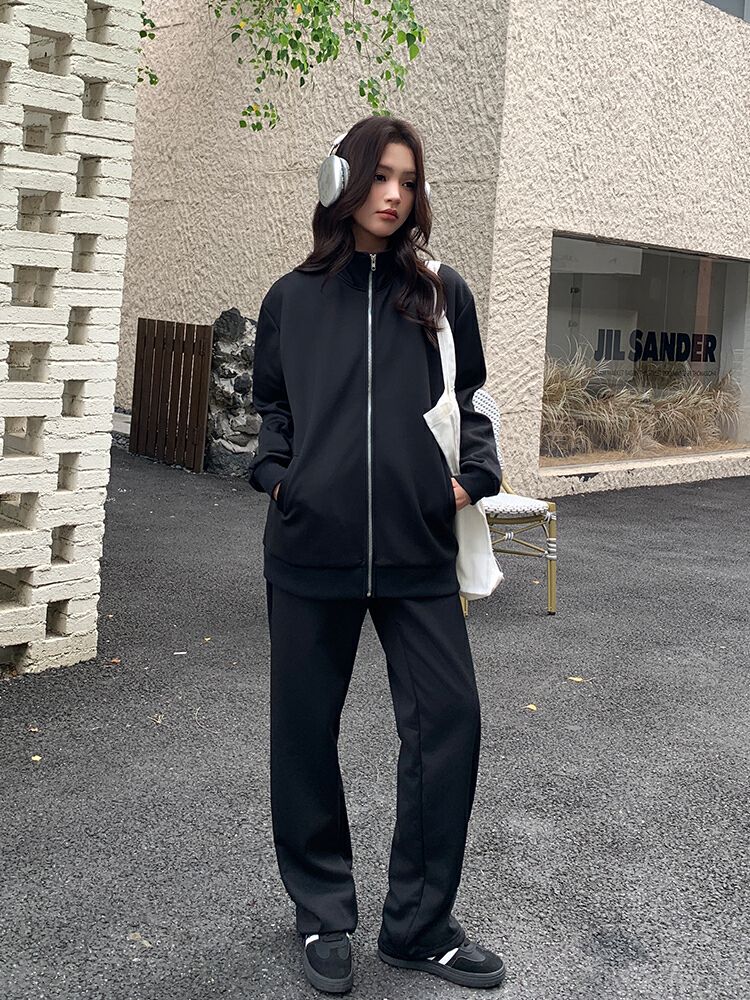 韓版休閒運動套裝女裝 拉鏈衛衣闊腿褲兩件套 春秋時尚穿搭- 黑色 L