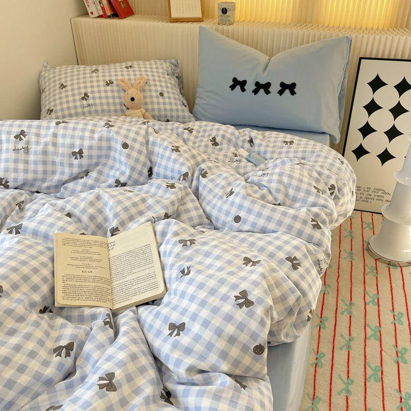 超柔床品套裝|可機洗|水洗棉|蝴蝶結系列-5尺床|2枕袋+床笠+被袋 藍黑