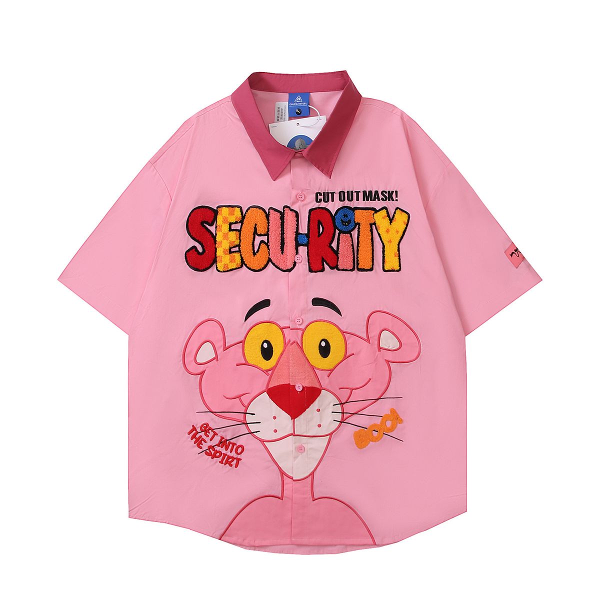 American Vintage Contrast Pink Panther Embroidered Short Sleeve Shirt Unisex Summer Personality
