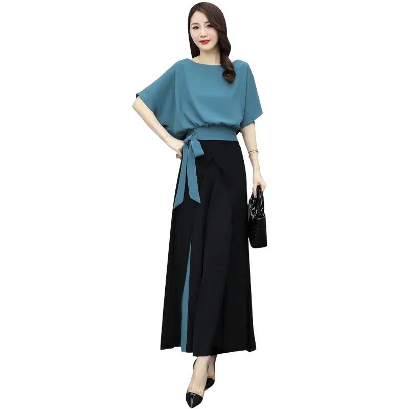 Women's Wide Leg Pants Set 2025 Summer Elegant Goddess Style Trendy Youthful Two-Pi-Blue M