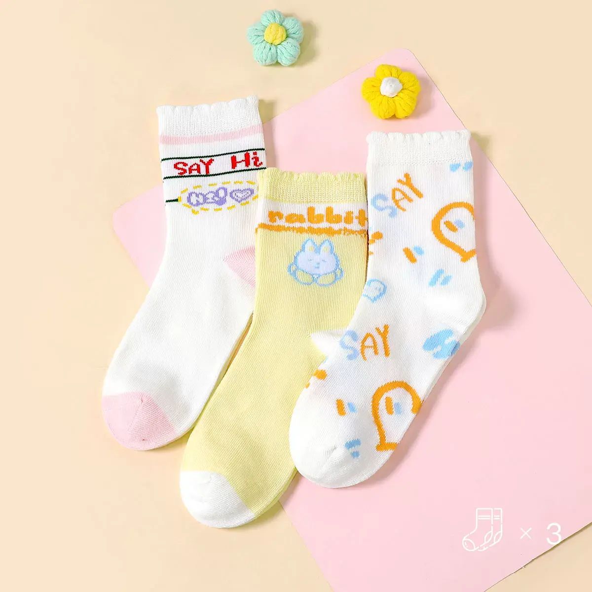 Long-lasting  cotton socks with wooden ear design—sweet and cha-3 pairs/boxes 29-32 code / 18-20cm