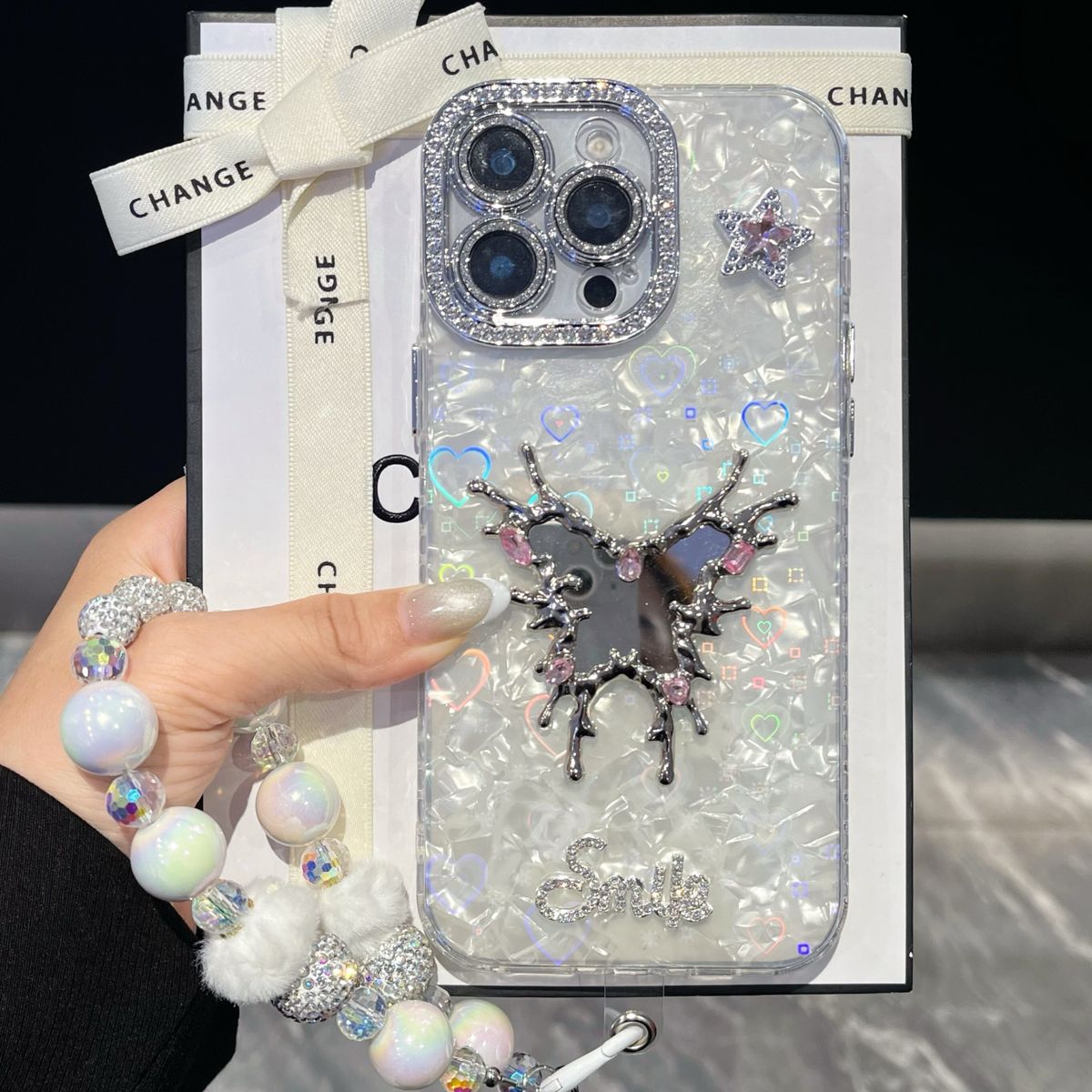 闪钻镭射贝壳纹蝴蝶镜子iPhone1716手机壳适用苹果1413promaxIMD壳tpu软边12链条挂绳11高级感小众日韩ins风新款-精孔贝壳-蝴蝶镜子-白色-单壳 iPhone 16 plus