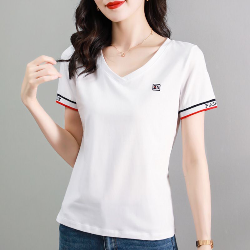 V领宝蓝短袖t恤女年新款夏季女薄款半袖上衣中年妈妈大码体恤