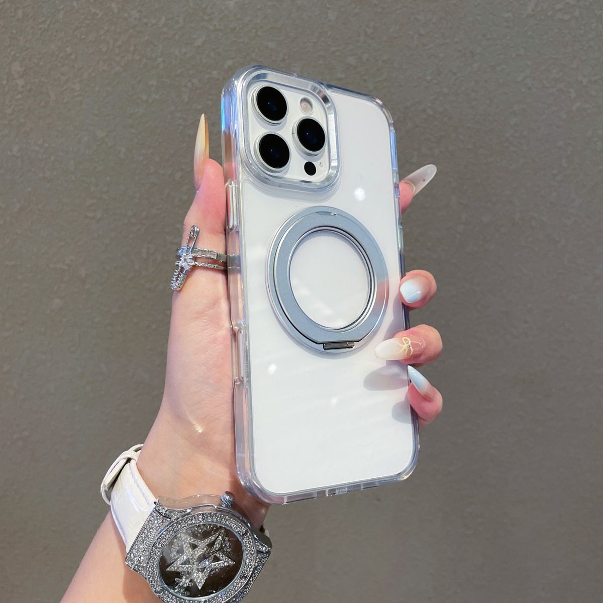 支点壳旋转支架手机壳iPhone16Promax透明气囊边防摔撞色保护套15简约高级安克同款磁吸支架壳-银色 iphone 17 Air