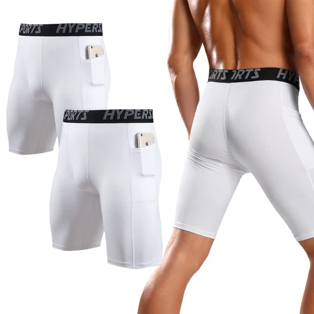 男士压缩短裤，两件式男用运动紧身裤带口袋，透气排汗，完美贴合，适合跑步、健身、骑行（白色，M码）