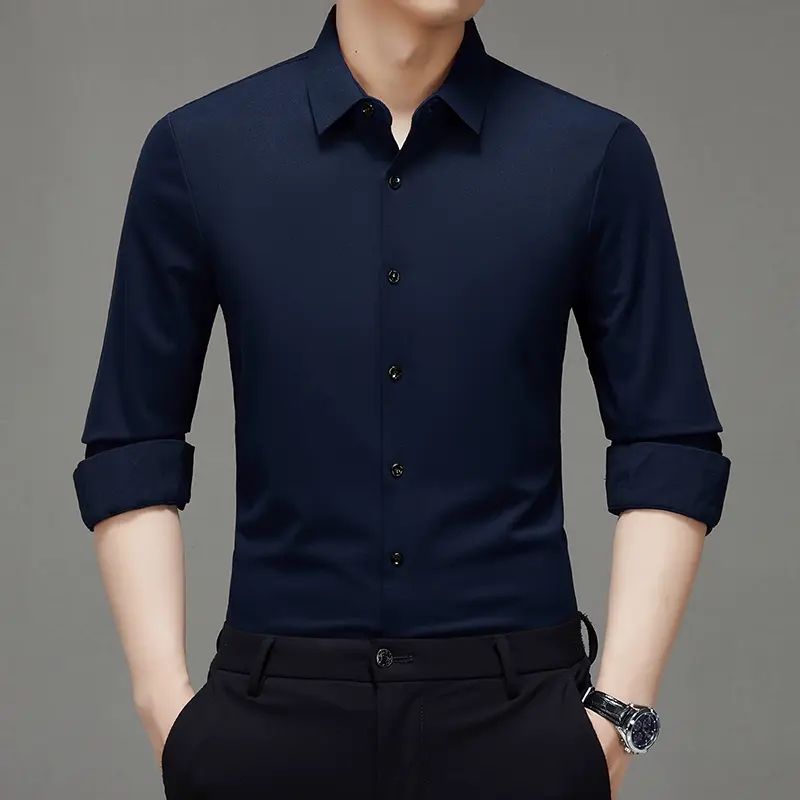 秋季新品男士长袖衬衫商务休闲纯色翻领衬衣亲肤透气抗皱上衣