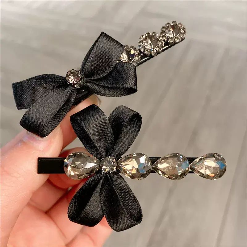 Black Satin Ribbon Bow Duckbill Clip Rhinestone