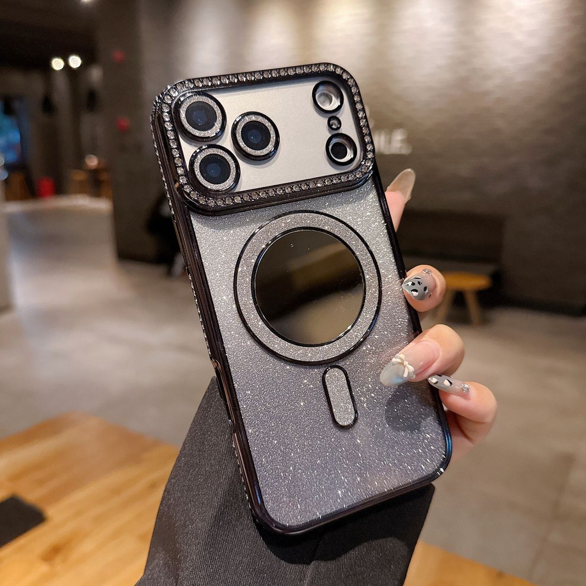 奢华闪钻补妆镜适用iPhone17promax手机壳新款17AIR高级感水钻16苹果电镀15pm闪粉磁吸镜面14plus女款13边钻-黑色 iPhone 13