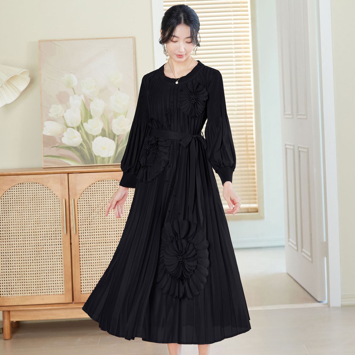 One Piece Generation 2026 Spring Wrinkle Dress Loose Fashion Elegant Elegant Heavy Duty Floral