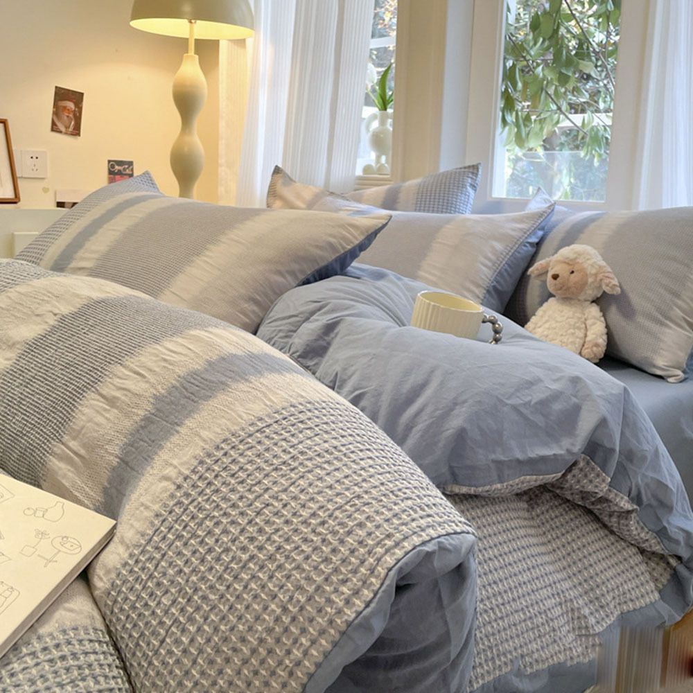 淺藍 純棉四件套| A類母嬰床上用品|全棉四件套|忌廉風被套床單|柔軟透氣四件套|床單x1|被套x1|枕套x2（LCA345）